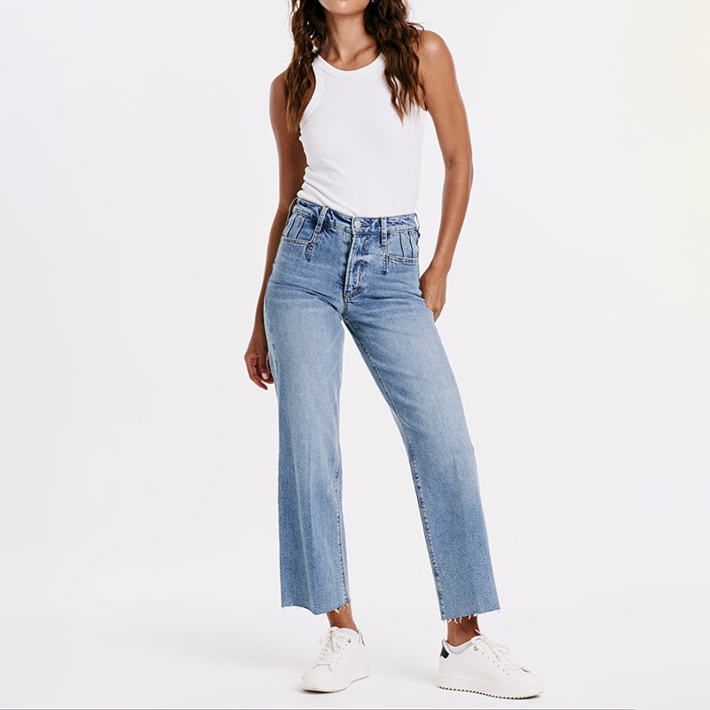 美式丹宁DJ 女款 蓝色洗水高腰剪边宽松牛仔裤 F624