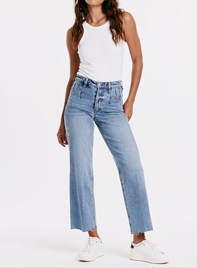 美式丹宁DJ 女款 蓝色洗水高腰剪边宽松牛仔裤 F624