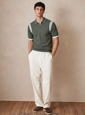 英伦简约RS 男款 半拉链翻领撞色饰边曲珠短袖针织衫 C526