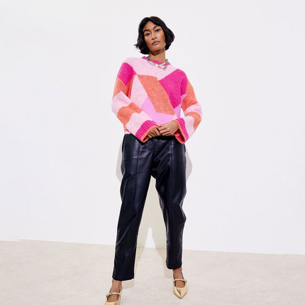 英伦美学OB 女款 几何图案圆领落肩蓬松针织衫 D584