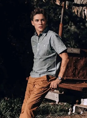 加州美式复古TS 男款 日本面料钱布雷蓝色套头短袖衬衫 A697