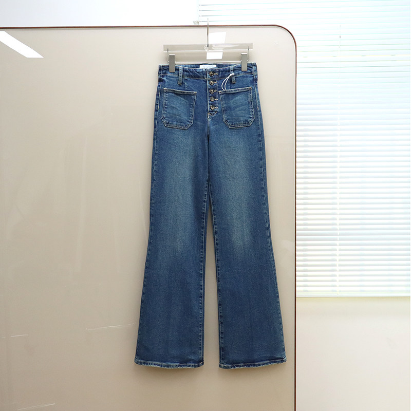 美式丹宁DJ 女款 深蓝洗水高腰阔腿牛仔裤 F609