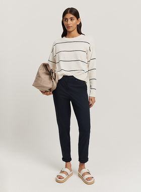 澳洲轻奢C0UNTRY 女款 棉麻混纺圆领条纹落肩针织衫 E024