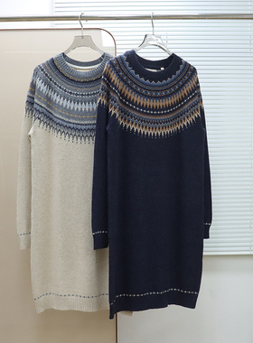 英伦FF 女款 费尔岛提花圆领长袖针织连衣裙 E204