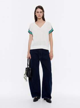 德系麦凯嗯 女款 棉麻混纺V领撞色饰边针织上衣 4590