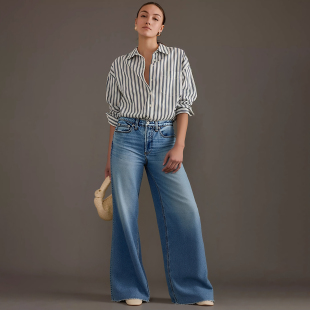 C956 浅蓝洗水高腰剪边弹力阔腿牛仔裤 加州轻奢丹宁P1ST0 女款