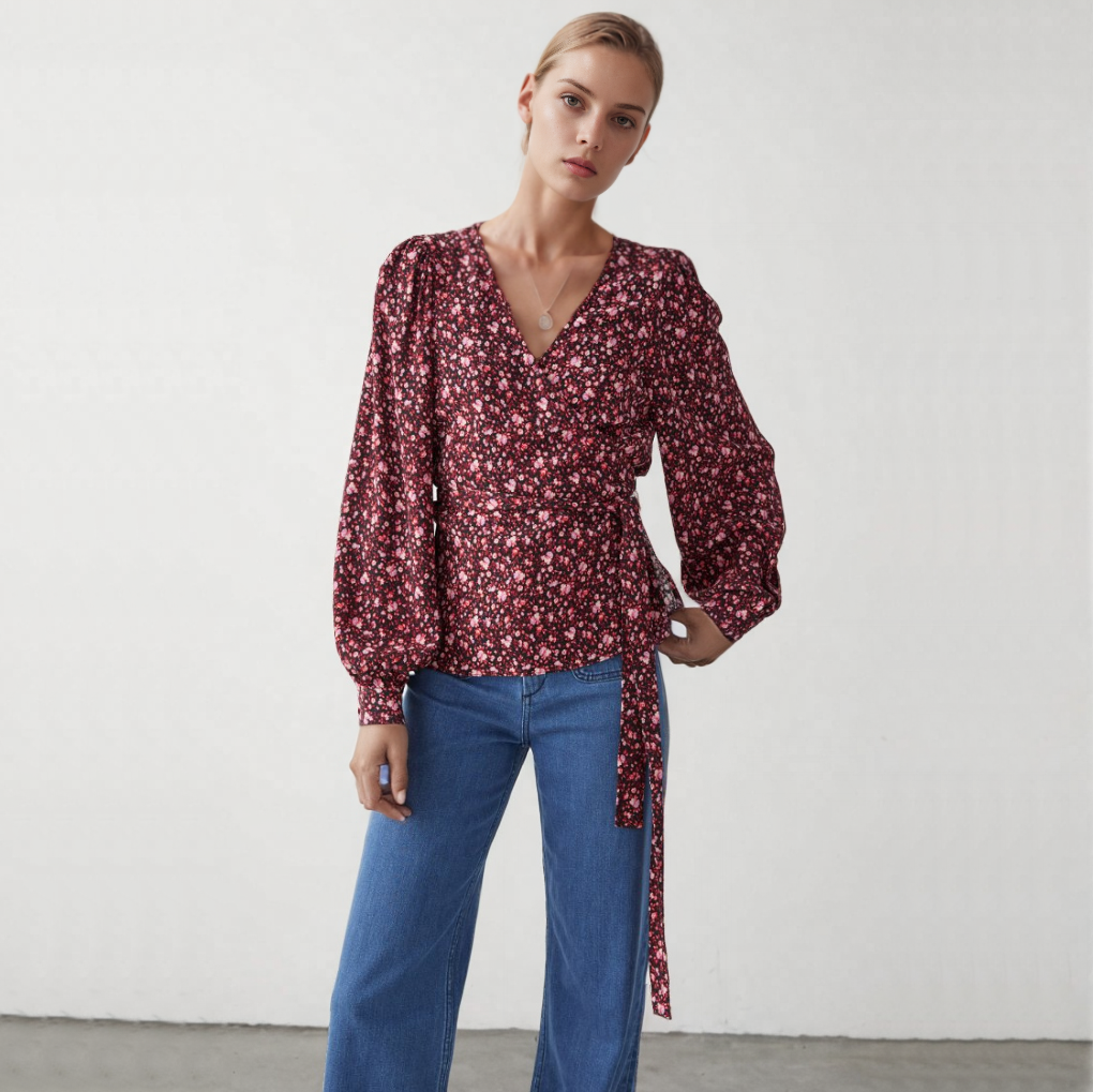 北欧风0S 女款 碎花裹身款泡泡袖上衣 3781