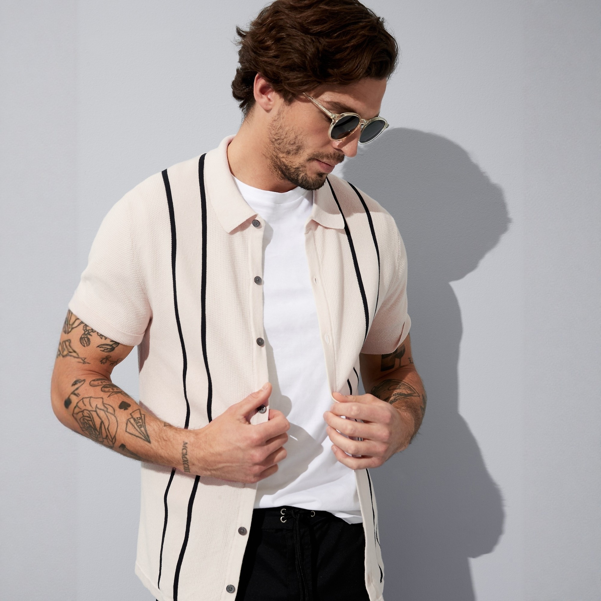 美系蕉国BR 男款 翻领条纹短袖针织开衫上衣 B889