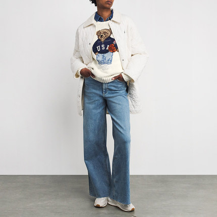 美式老钱风 女款 棉麻混纺圆领小熊刺绣长袖针织毛衣 E004