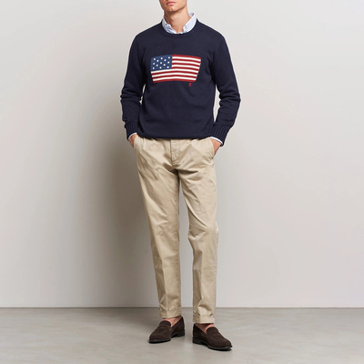 美式老钱风蓝标 男款 星条旗提花圆领针织衫 E615