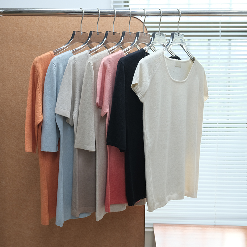 面料控入 出岛国 女款 山羊绒真丝桑蚕丝圆领短袖针织上衣合集660