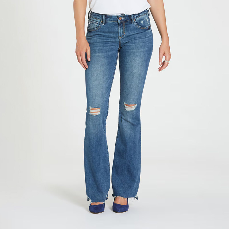 美式丹宁DJ 女款 蓝色洗水中腰磨破微喇虚边牛仔裤 F629