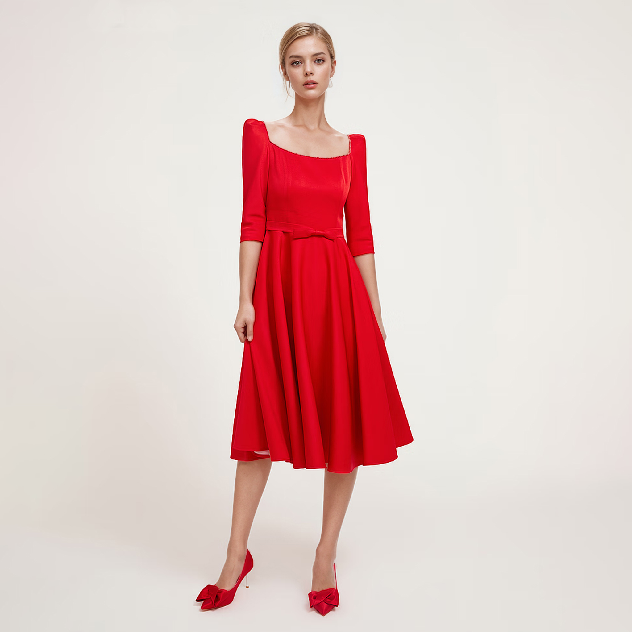 国货精品  红色醋酸纤维钻饰方领礼服五分袖连衣裙 公价4980 B378