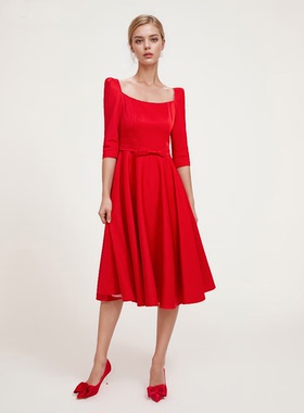 国货精品  红色醋酸纤维钻饰方领礼服五分袖连衣裙 公价4980 B378