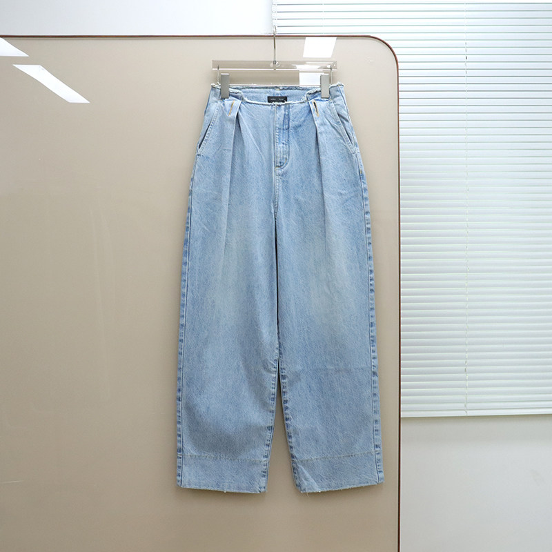 国货精品 女款 浅蓝洗水高腰褶裥虚边阔腿牛仔裤 D958