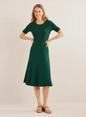 英伦BD 女款  圆领镂空罗纹短袖针织中长连衣裙 C734