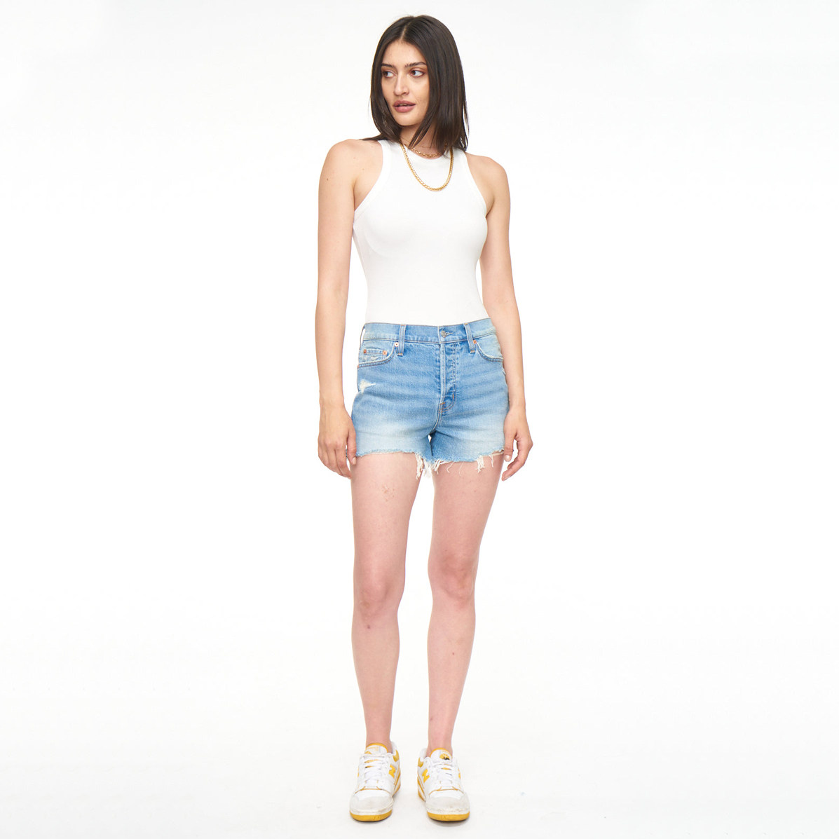 洛杉矶PISTOL@ 女款 蓝色洗水磨破虚边牛仔短裤 3837