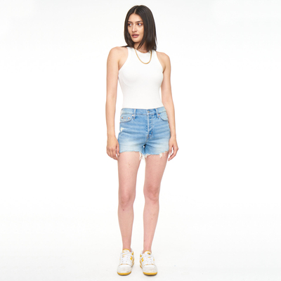 洛杉矶PISTOL@ 女款 蓝色洗水磨破虚边牛仔短裤 3837