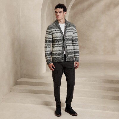 美系蕉国BR 男款 羊毛混纺青果领条纹针织开衫毛衣 F521