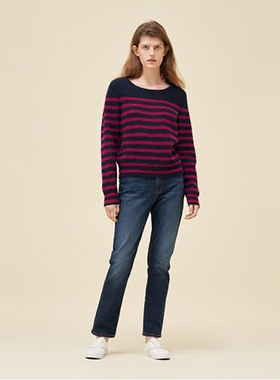 美式经典 女款 羊毛羊驼毛混纺圆领条纹宽松针织衫 D769