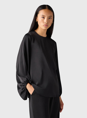 瑞典斯德哥尔摩MR 女款 弹力缎面圆领宽松收褶袖上衣 144A