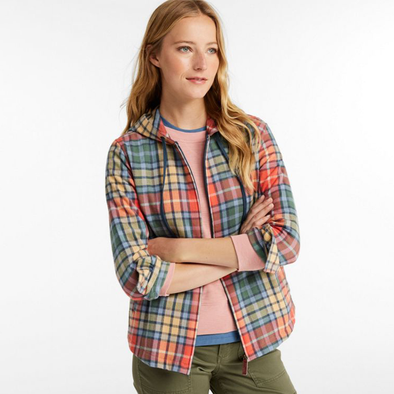 美系百年户外LLB 女款 法兰绒连帽抽绳格纹拉链外套 D041