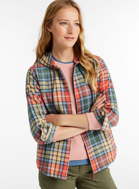 美系百年户外LLB 女款 法兰绒连帽抽绳格纹拉链外套 D041