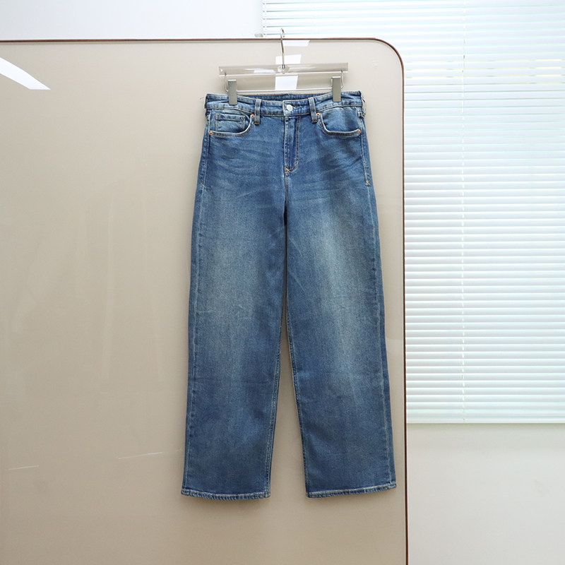 美式丹宁DJ 女款 蓝色洗水高腰阔腿牛仔裤 F648