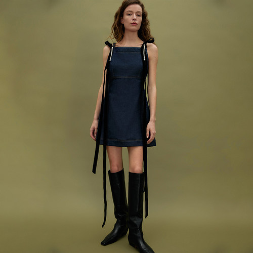 美系设计师TT 女款 深蓝洗水肩带饰天鹅绒蝴蝶结牛仔连衣裙 8411