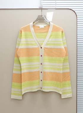 面料控入 出岛国 女款 真丝羊绒混纺V领条纹长袖针织开衫 E060