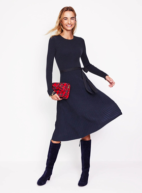 英伦BD 女款 罗纹拼色百褶下摆长袖针织连衣裙 C744