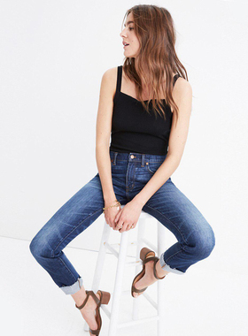 美系MDW 女款 深蓝洗水剪边SLIM男友风牛仔裤  X273