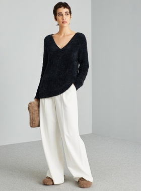 西班牙轻奢@D 女款 羊毛混纺毛绒深V领针织毛衣 7215