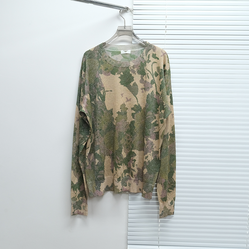 比利时DV恩  男款 奢华金属丝混纺圆领印花半透针织衫 7677