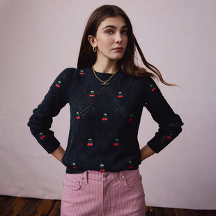 针织衫 圆领菱纹镂空樱桃刺绣长袖 E884 女款 英伦BD