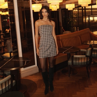 B364 天丝混纺背绑带格纹抹胸迷你连衣裙 英伦奢华度假EVR 女款