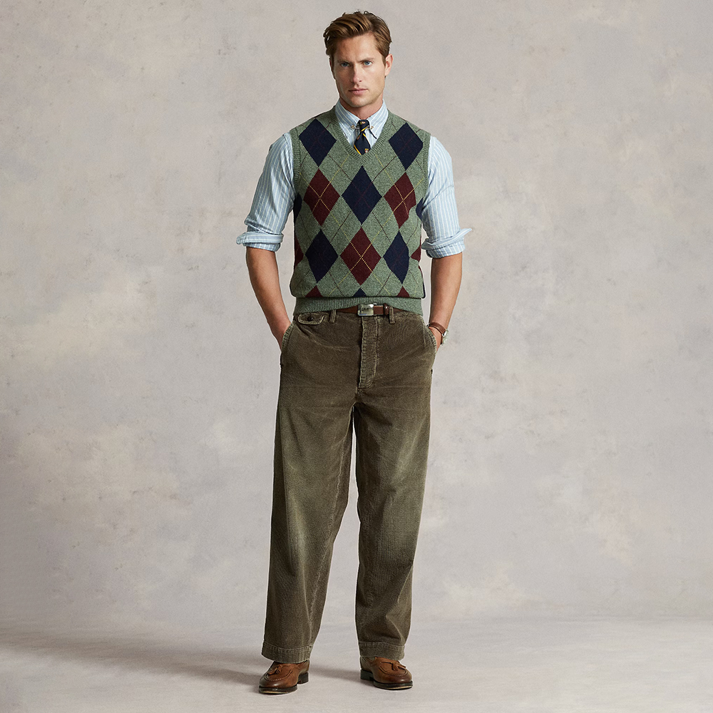 美式老钱风 男款 100羊毛V领菱形纹针织背心 C971