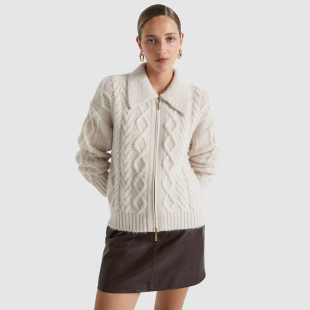 E792 羊毛羊驼毛混纺翻领拉链绞花针织开衫 澳洲SEED 女款