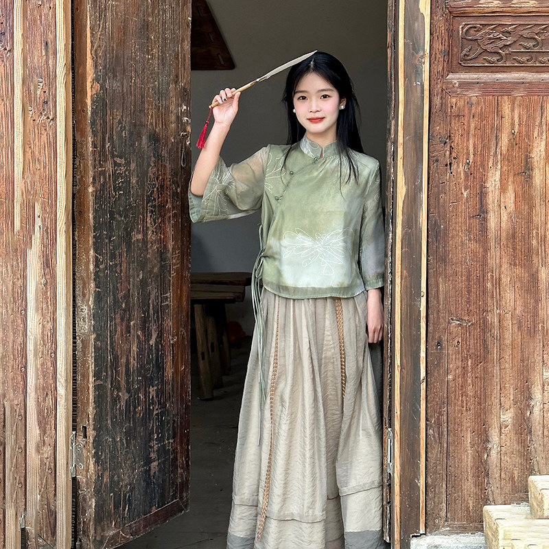 一罐杏仁桃新中式复古民国套装改良旗袍连衣裙禅意汉服元素两件套