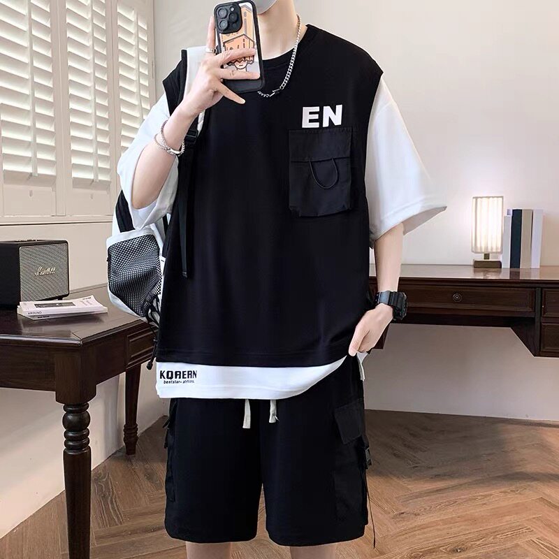 夏季新款假两件短袖t恤男孩青少年学生短裤套装大童运动篮球衣服