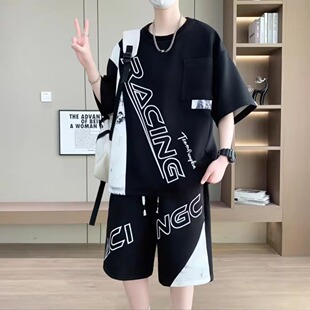 青少年短袖t恤男高中初中学生潮流夏季大码宽松休闲运动衣服套装