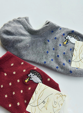 YaG25新夏季 tu家动物AB刺绣卡通波点刺猬纯棉女船袜短袜