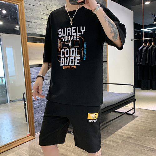 Teenagers Hong Kong Style Short Sleeve T-shirt with Five-cent Trousers Suit for Men's Leisure Sports