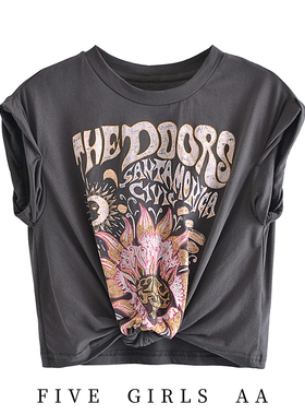 欧美新款2022小众设计感宽松下摆打结字母印花T恤圆领短袖上衣女