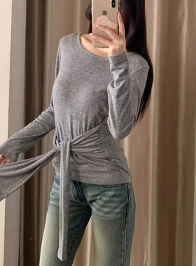 欧美辣妹风设计感绑带收腰长袖T恤女收腰显瘦小个子气质圆领上衣
