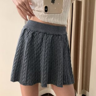 美式 复古学院风麻花针织半身裙女高腰显瘦A字短裙百搭灰色松紧腰