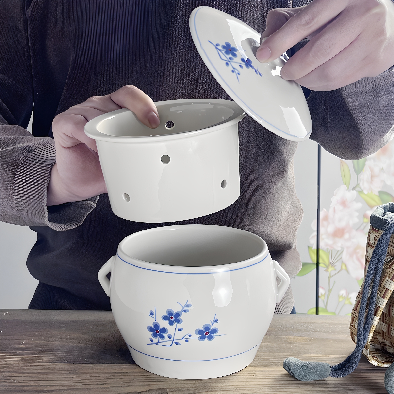 闽南溢汤溢鸭汤滴露隔水炖炖盅专用锅内胆带孔免过滤陶瓷大号汤盅