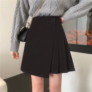 韩版不规则短裙大码防走光裙裤秋冬包臀裙高腰咖色a字毛呢半身裙