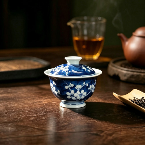 青花瓷釉下彩梅花纹中式茶具家用功夫茶碗冰梅纹高温陶瓷手绘盖碗