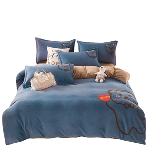 日系卡哇伊幸运熊双面加绒牛奶绒高克重毛巾绣保暖床笠床单四件套